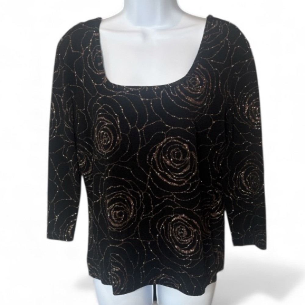 🌹Fashion Bug - Elegant Vintage Black and Gold Glitter Floral Top - Size XL